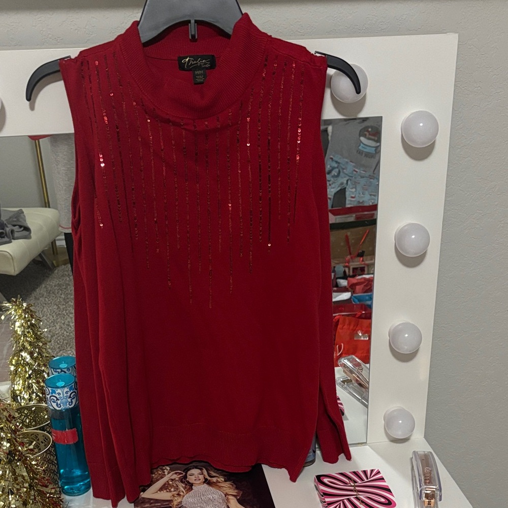 Red cut sleeve medium Thalia Top with Sequin Detail